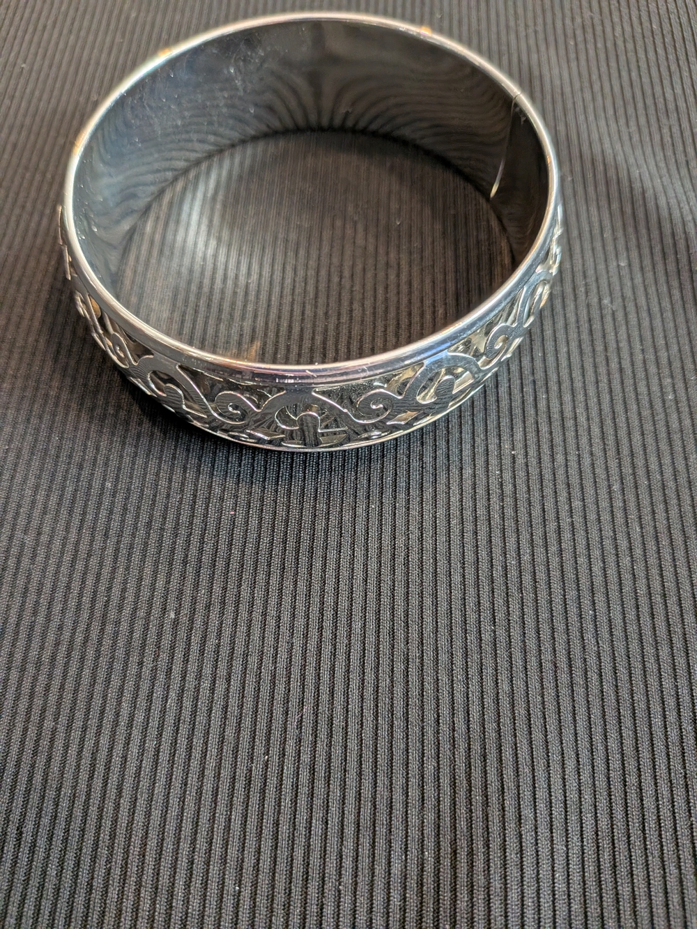 B#4: Silver Tone Filigree Wide Bangle Bracelet 3" In Diamete